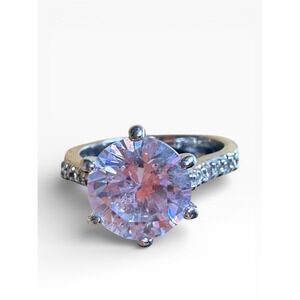 Sparkling Solitaire Ring Clear Round Cut Clear gemstone Silver Tone Band Size 7